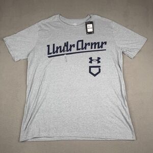 Under Armour Shirt Mens 2XL Gray UA Baseball Script Short Sleeve Tee Loose
